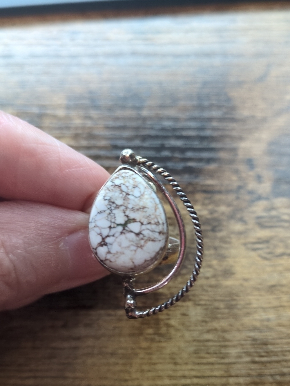 White Howlite Teardrop Ring with Silver Accent